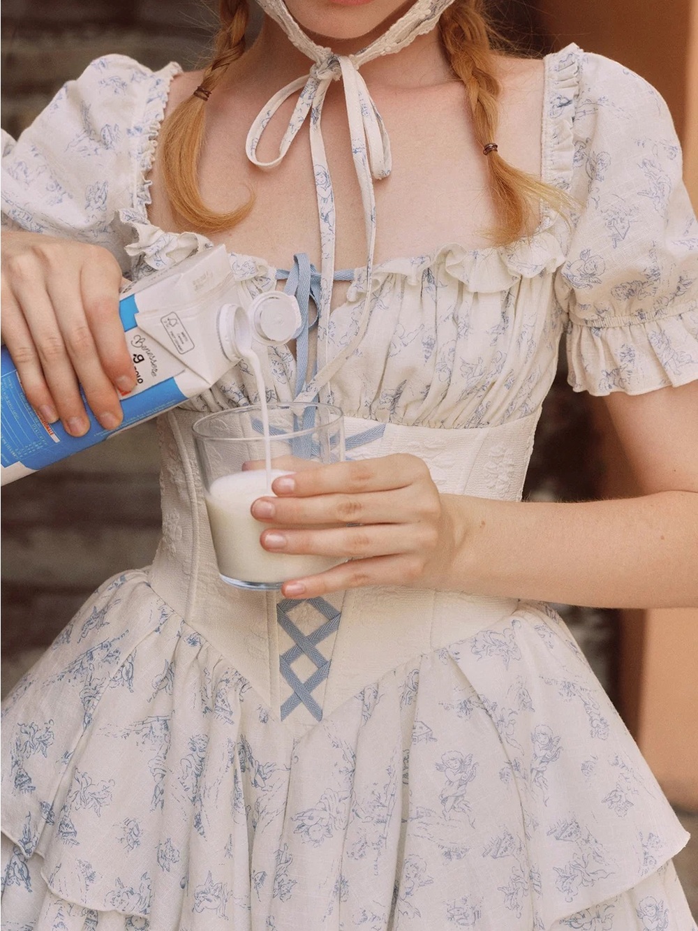 Tiered Ruffle Mini Dress in Cream with Light Blue Accents - Picture 5 of 7